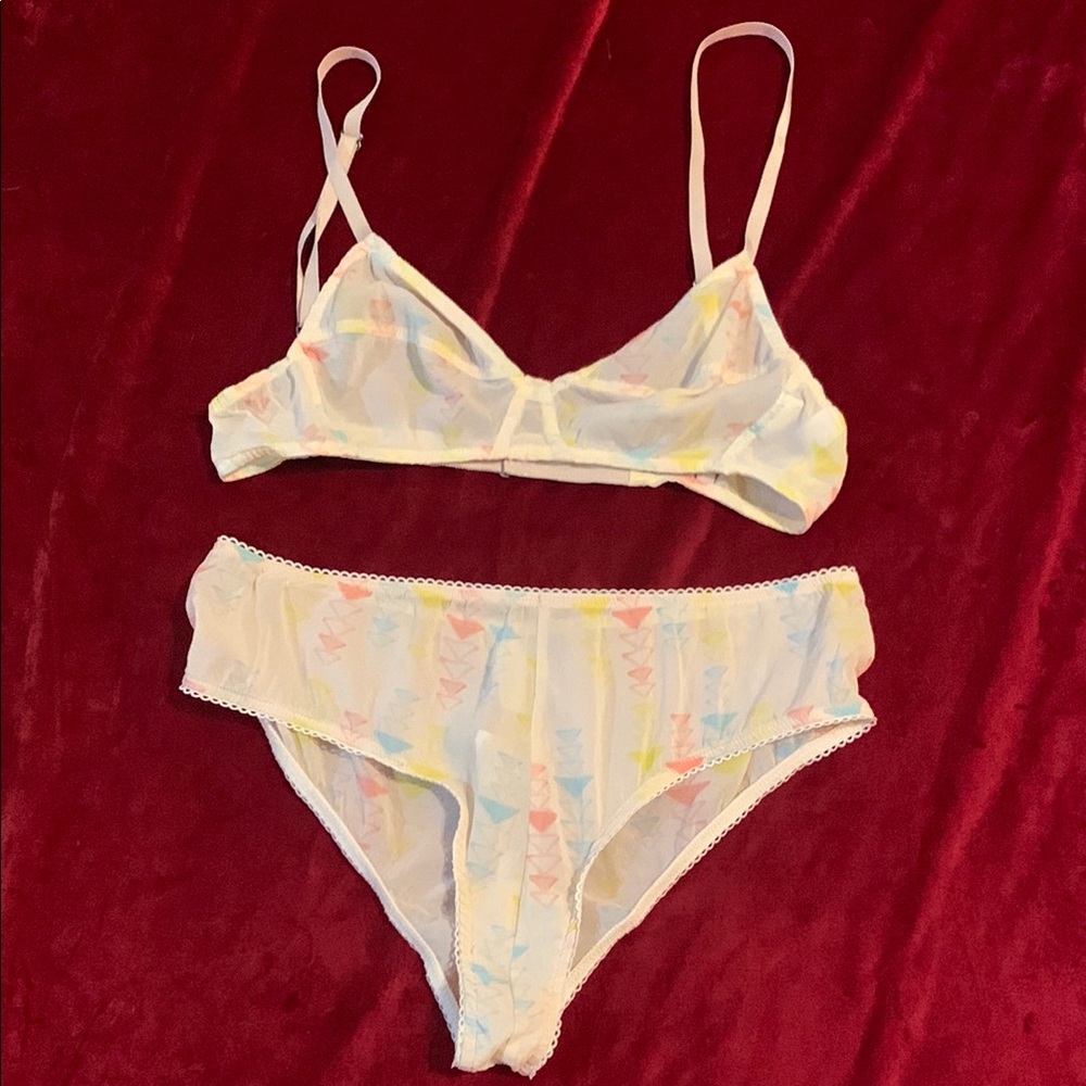 Zinke Sheer Cream Bralette + Panty Set with Pastel Pyramid Pattern Size Small